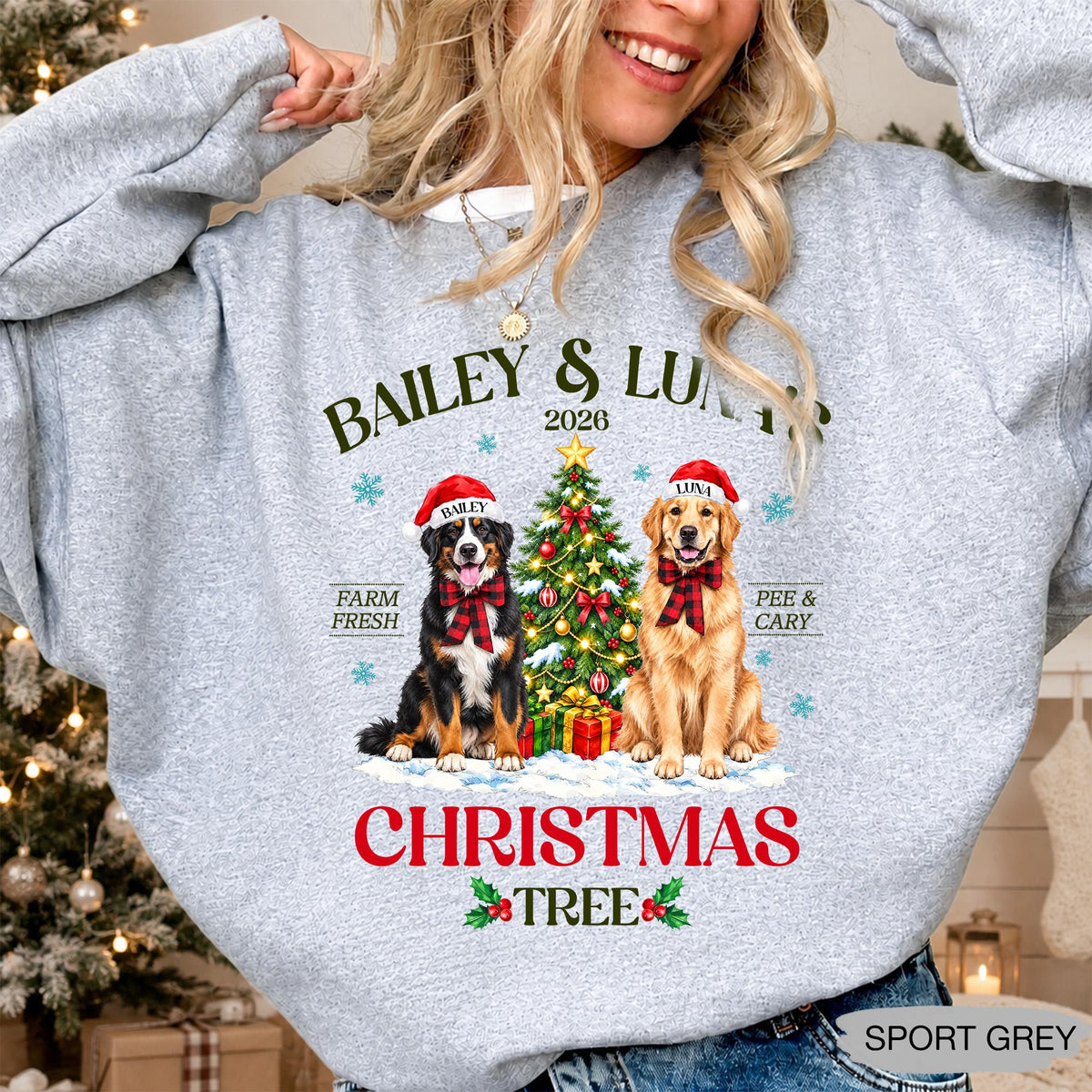 Pets' Christmas Tree Farm Shirt - Personalized Dog Or Cat Portraits With Names - Christmas Gift For Pet Moms