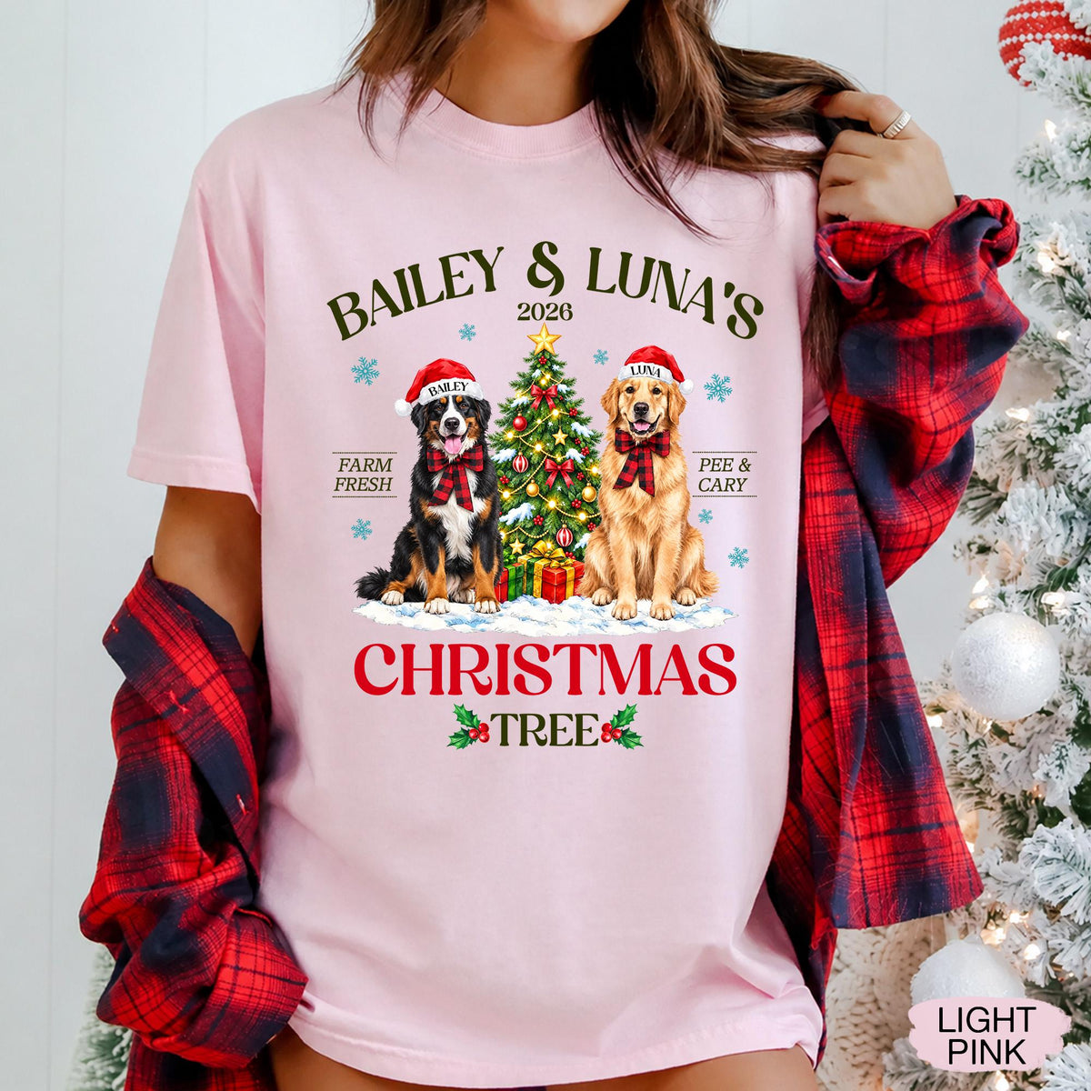 Pets' Christmas Tree Farm Shirt - Personalized Dog Or Cat Portraits With Names - Christmas Gift For Pet Moms