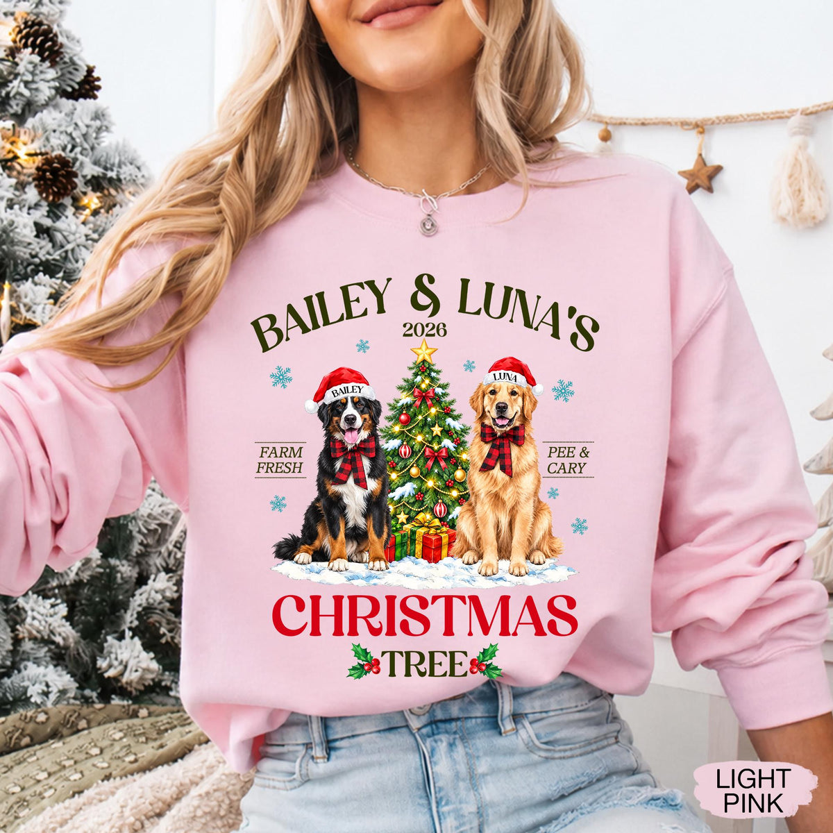 Pets' Christmas Tree Farm Shirt - Personalized Dog Or Cat Portraits With Names - Christmas Gift For Pet Moms