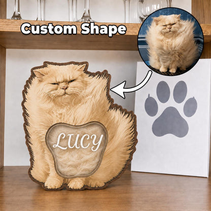 A custom-shaped wooden plaque featuring a printed image of a fluffy cream-colored cat with a grumpy expression. The plaque includes a paw-shaped cutout in the center with the name Lucy written in white script text.