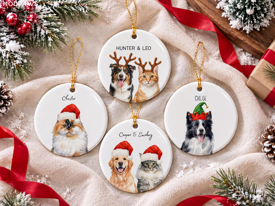 Four round white ceramic ornaments with gold hanging strings. Each features a custom pet illustration: a cat named Chester in a Santa hat, a dog and cat named Hunter & Leo with reindeer antlers, a dog named Chloe in an elf hat, and a dog and cat named Cooper & Smokey in Santa hats.