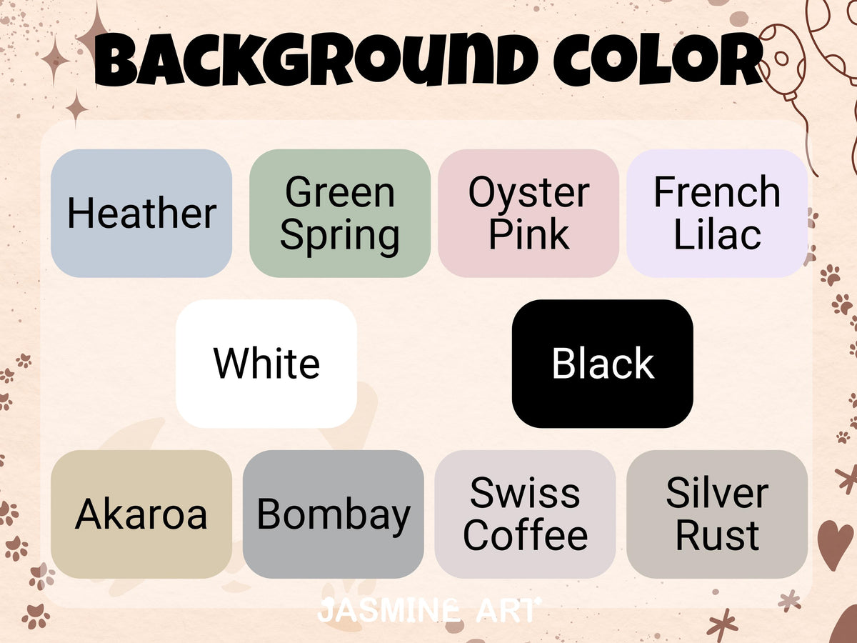 An image displaying a color palette with the text "BACKGROUND COLOR" at the top. The palette includes color swatches labeled "Heather," "Green Spring," "Oyster Pink," "French Lilac," "White," "Black," "Akaroa," "Bombay," "Swiss Coffee," and "Silver Rust."