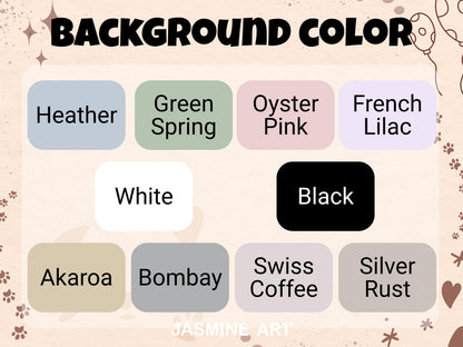 An image displaying a color palette with the text "BACKGROUND COLOR" at the top. The palette includes color swatches labeled "Heather," "Green Spring," "Oyster Pink," "French Lilac," "White," "Black," "Akaroa," "Bombay," "Swiss Coffee," and "Silver Rust."