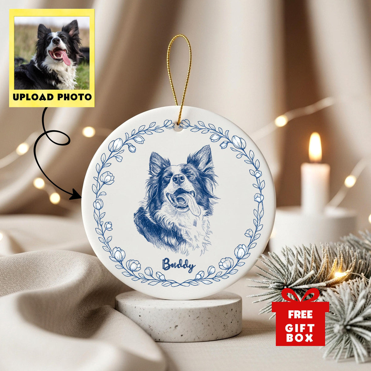 A round white ceramic ornament featuring a blue line-art illustration of a dog with its tongue out, enclosed in a floral wreath border. The name Buddy is printed below the dog. A gold string is attached to the top for hanging.
