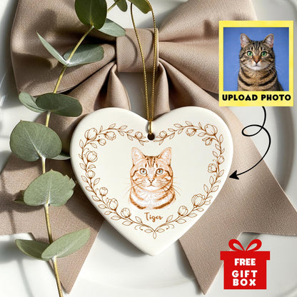 Flower Wreath Line Art Pet Ornament From Photo - Personalized Round Or Heart Ceramic Keepsake - Pet Lover Gift