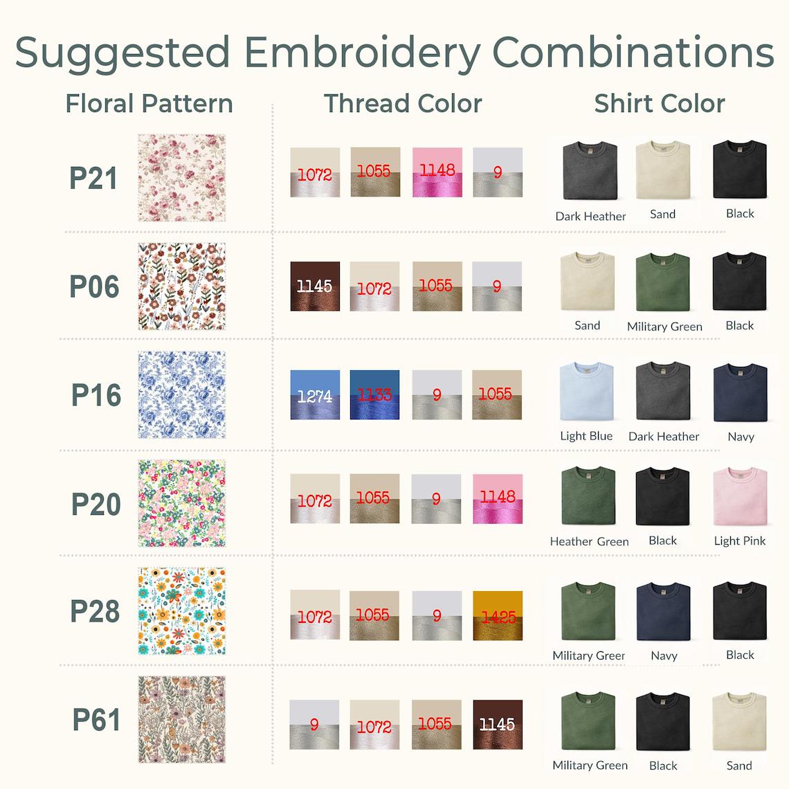 A chart titled Suggested Embroidery Combinations displaying six rows of floral patterns labeled P21, P06, P16, P20, P28, and P61. Each row includes numbered thread color swatches and corresponding shirt color options like dark heather, sand, black, military green, light blue, navy, and light pink.