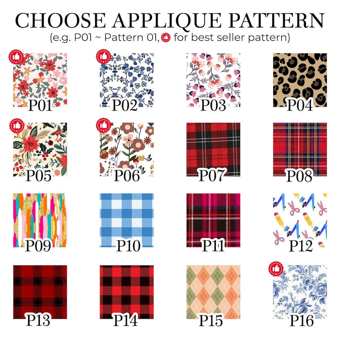 A grid of sixteen square fabric swatches labeled P01 through P16, featuring diverse patterns including floral, leopard print, plaid, gingham, argyle, and school supplies. The text CHOOSE APPLIQUE PATTERN is at the top.