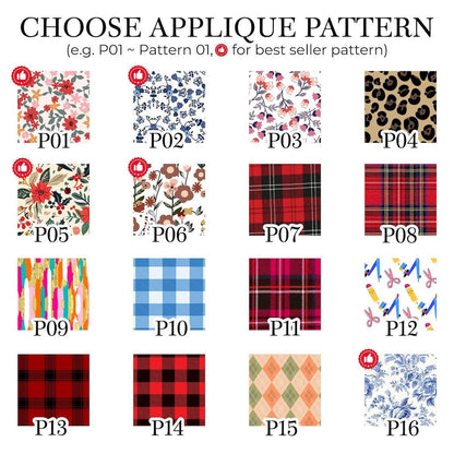 A grid of sixteen square fabric swatches labeled P01 through P16, featuring diverse patterns including floral, leopard print, plaid, gingham, argyle, and school supplies. The text CHOOSE APPLIQUE PATTERN is at the top.