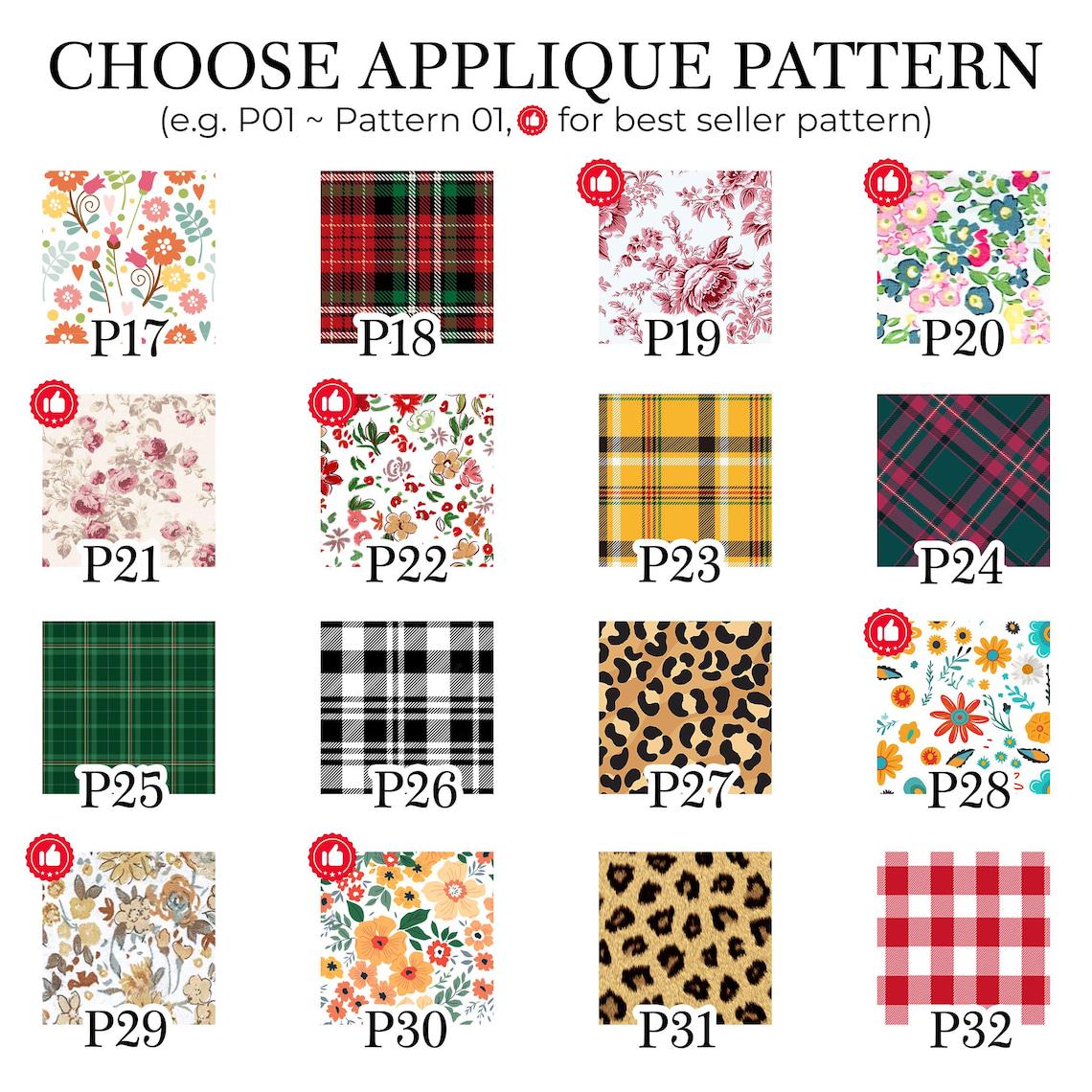 A grid of sixteen square fabric swatches labeled P17 through P32, featuring various patterns including floral prints, red, green, yellow, and black plaid, and leopard spots. The text CHOOSE APPLIQUE PATTERN is at the top.