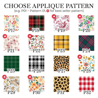 A grid of sixteen square fabric swatches labeled P17 through P32, featuring various patterns including floral prints, red, green, yellow, and black plaid, and leopard spots. The text CHOOSE APPLIQUE PATTERN is at the top.