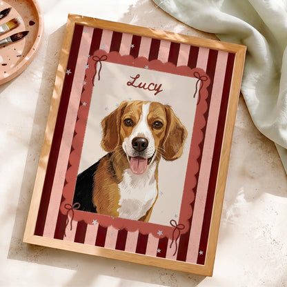 A framed portrait print featuring a brown, white, and black beagle dog with its tongue out. The illustration is set against a background of vertical dark red and light pink stripes, with a scalloped border and the name Lucy written.
