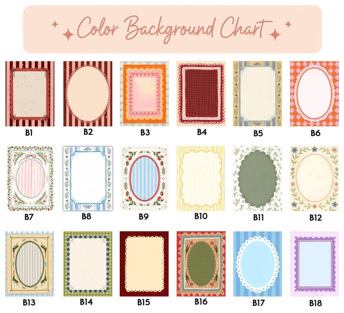A color background chart featuring eighteen rectangular cards labeled B1 through B18. Each card displays a unique decorative frame, including various patterns like stripes, checkers, floral motifs, and scalloped edges in diverse colors.