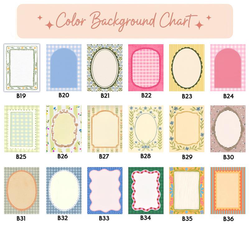 A color background chart featuring eighteen rectangular cards labeled B19 through B36. Each card displays a unique decorative frame or border design with various patterns, including gingham, floral motifs, and solid colors in a palette.