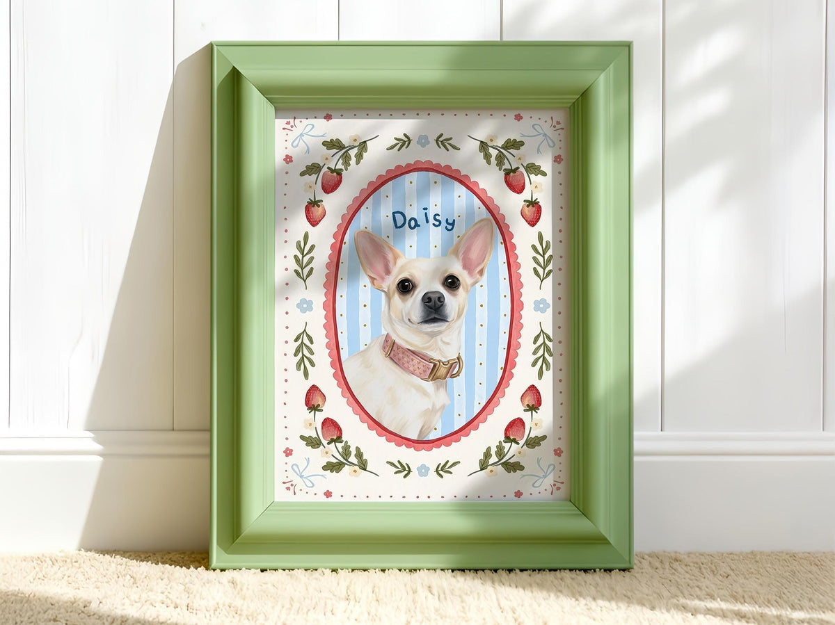 A light green rectangular frame containing a portrait of a white chihuahua wearing a pink collar. The dog is centered in an oval frame against a blue and white striped background with the name Daisy written above the dog's head.