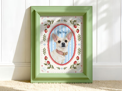 A light green rectangular frame containing a portrait of a white chihuahua wearing a pink collar. The dog is centered in an oval frame against a blue and white striped background with the name Daisy written above the dog's head.