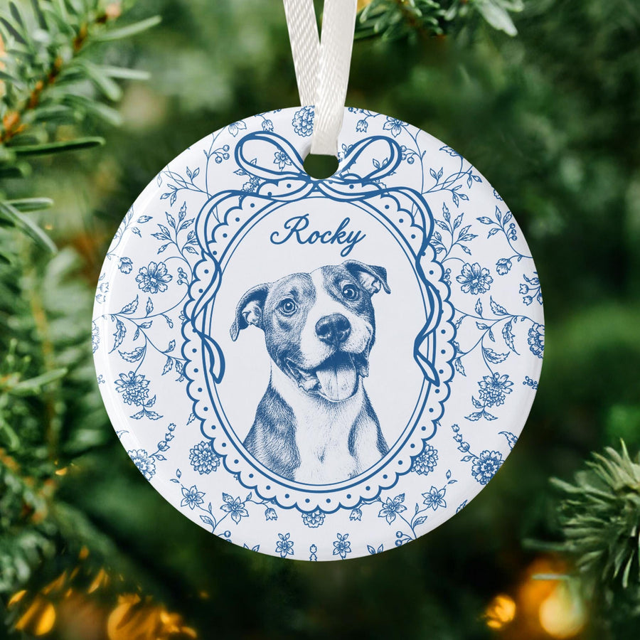 Blue Toile Pet Portrait Ornament - Personalized Dog & Cat Photo Name Ceramic Christmas Ornament - Dog Mom Gift