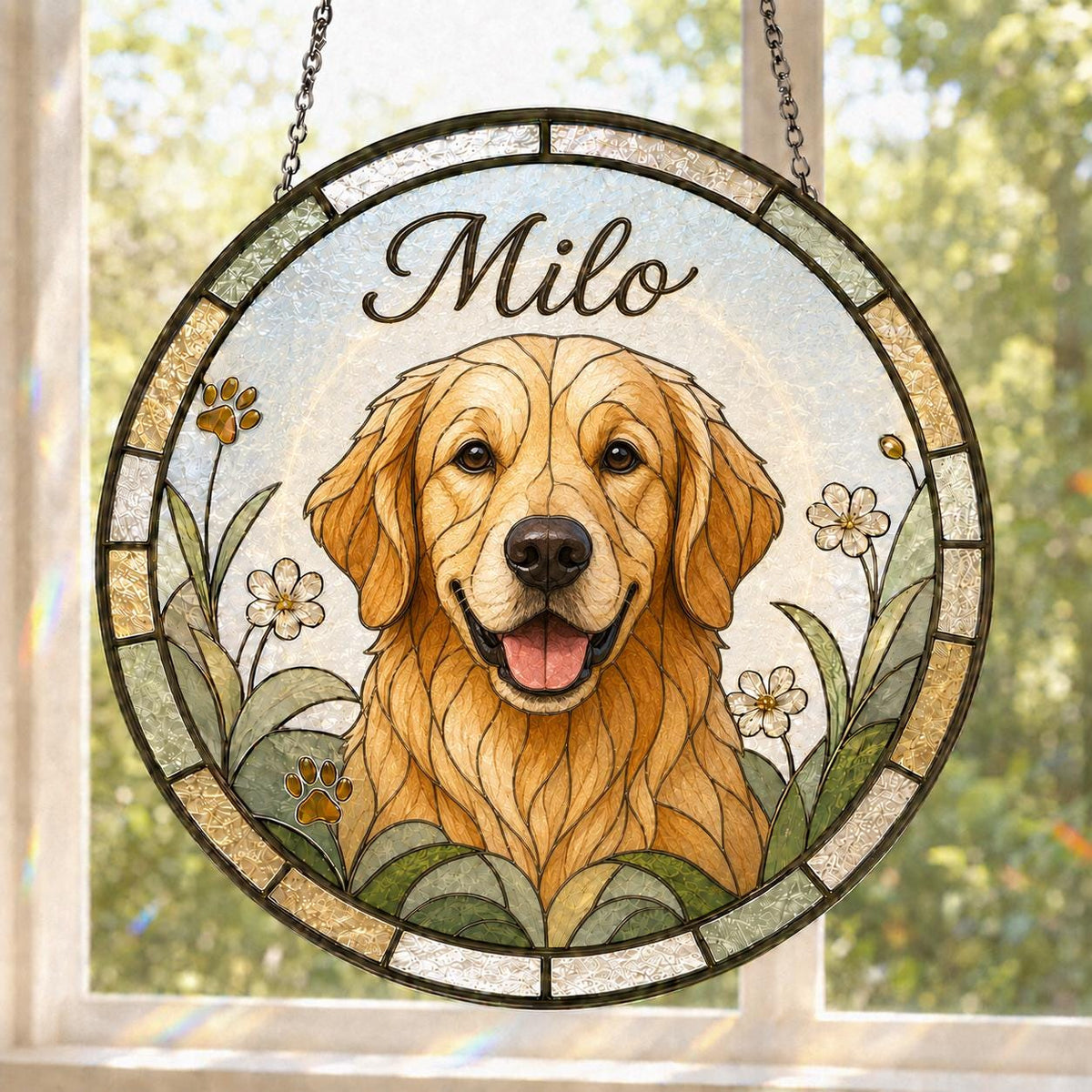 A circular stained glass suncatcher featuring a golden retriever portrait with the name Milo written in script above. The design includes green leaves, small white flowers, and paw prints, all framed by a dark metal border.