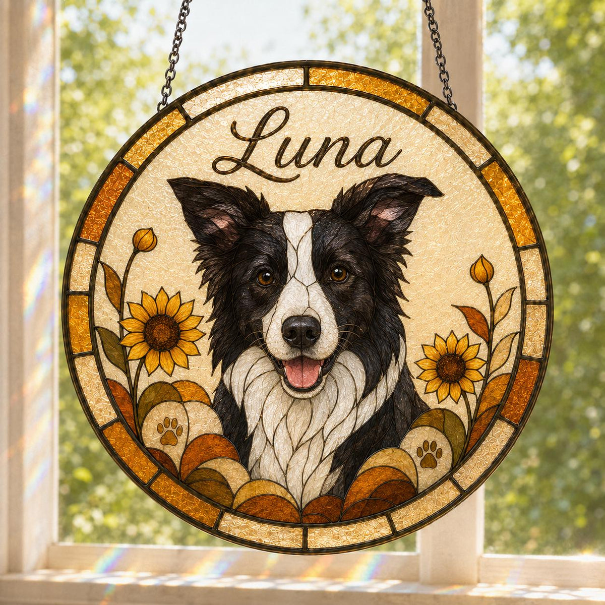 A circular stained glass suncatcher featuring a black and white Border Collie dog with the name Luna written in script above. The design includes yellow sunflowers and paw prints, framed by a decorative amber and gold glass border.