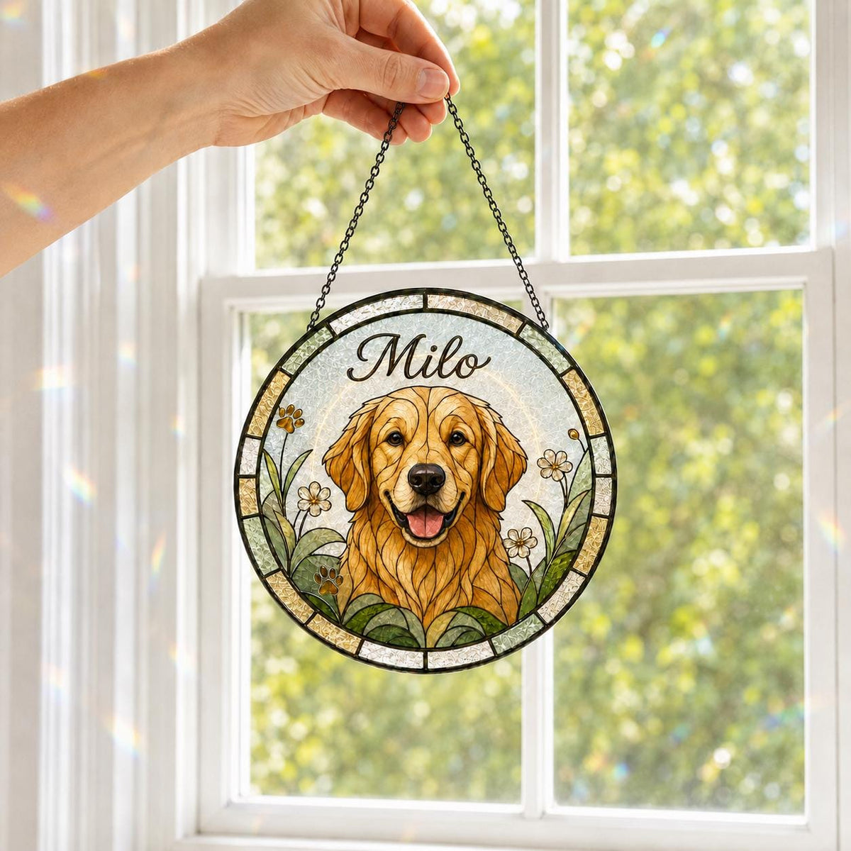 A circular stained glass suncatcher featuring a golden retriever illustration with the name Milo printed above. The artwork is surrounded by green foliage and small white flowers, framed by a dark border and suspended by a metal chain.