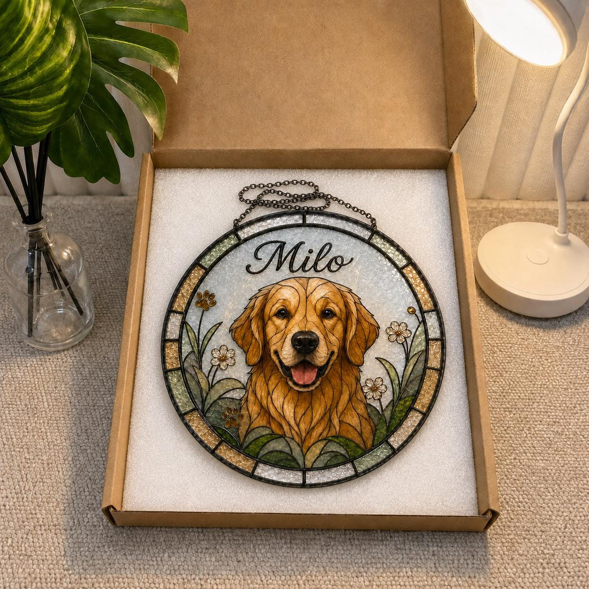 A circular stained glass suncatcher featuring a golden retriever portrait with the name Milo written in black script above the dog. The artwork is framed in a dark metal border with a hanging chain, set against a white foam insert.