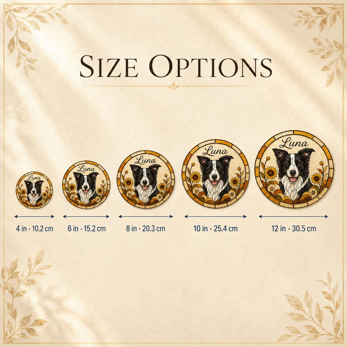 Five circular signs featuring a Border Collie illustration with sunflowers and the name Luna. Sizes range from 4 inches to 12 inches in diameter, with corresponding metric measurements of 10.2 cm to 30.5 cm displayed below each sign.