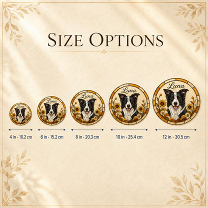 Five circular signs featuring a Border Collie illustration with sunflowers and the name Luna. Sizes range from 4 inches to 12 inches in diameter, with corresponding metric measurements of 10.2 cm to 30.5 cm displayed below each sign.