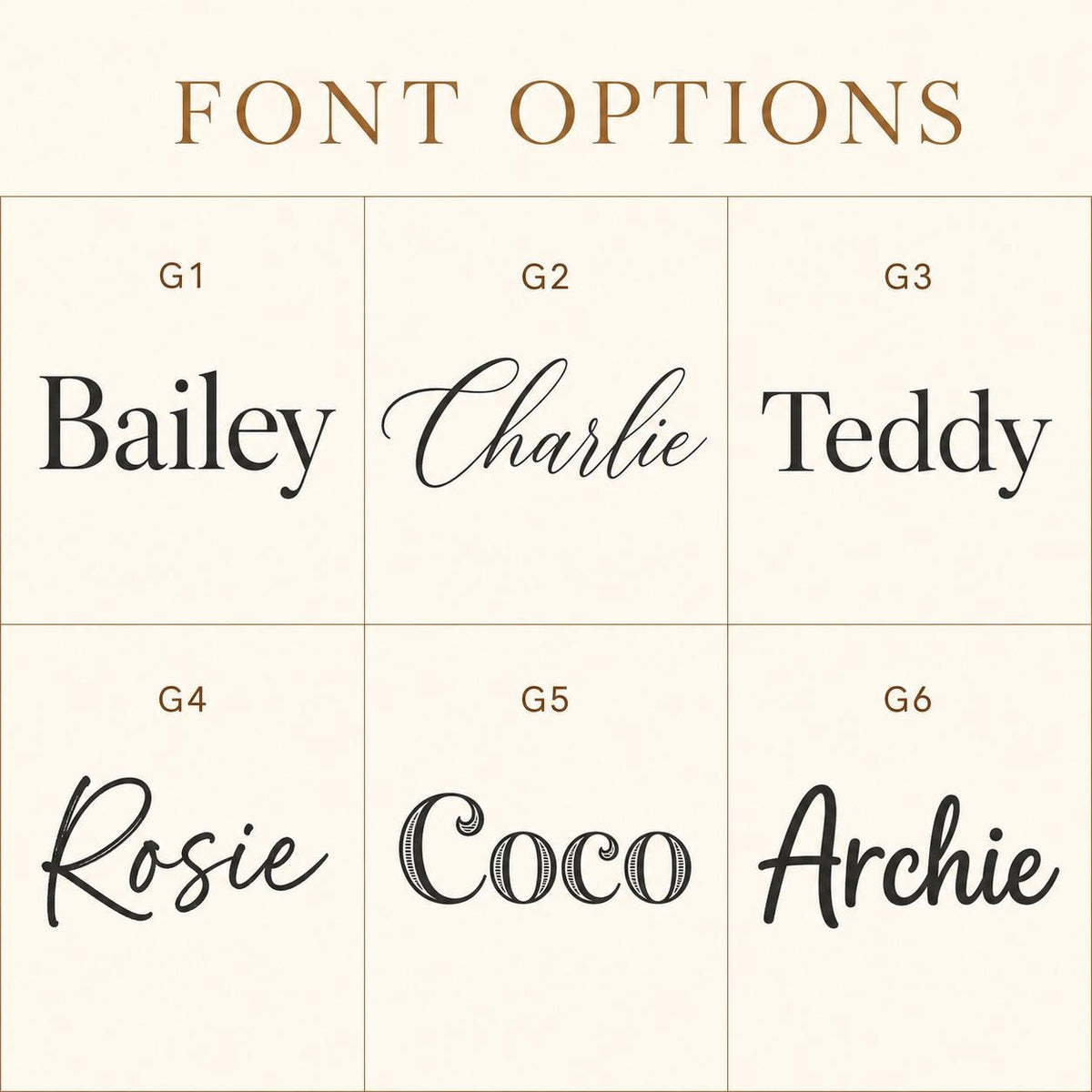 A grid of six font options labeled G1 through G6, each displaying a different name in a unique typeface. The names shown are Bailey, Charlie, Teddy, Rosie, Coco, and Archie. The text FONT OPTIONS is centered at the top of the image.