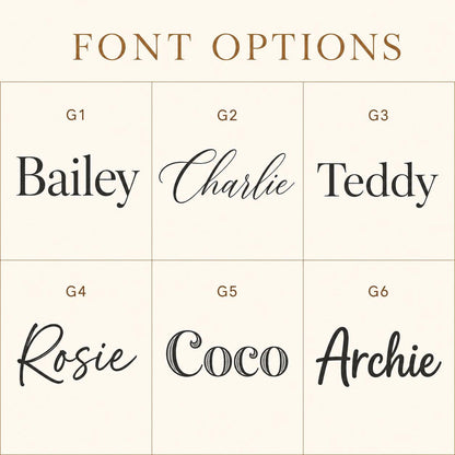 A grid of six font options labeled G1 through G6, each displaying a different name in a unique typeface. The names shown are Bailey, Charlie, Teddy, Rosie, Coco, and Archie. The text FONT OPTIONS is centered at the top of the image.