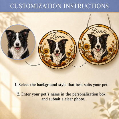 A circular wall hanging featuring a portrait of a black and white dog named Luna, surrounded by sunflowers and paw prints in a stained glass style. The text CUSTOMIZATION INSTRUCTIONS and two numbered steps are visible below.