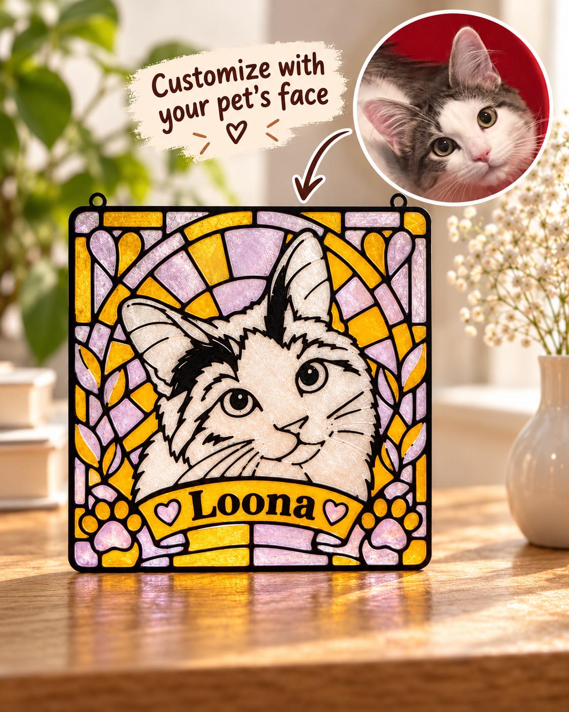 Faux Stained Glass Pet Portrait Suncatcher - Personalized Cat & Dog Photo Acrylic Hanging - Cat Lover Gift
