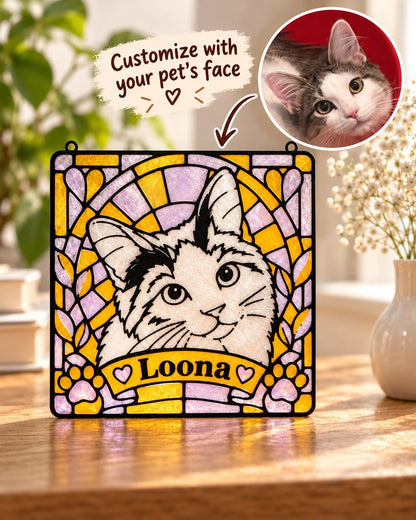 Faux Stained Glass Pet Portrait Suncatcher - Personalized Cat & Dog Photo Acrylic Hanging - Cat Lover Gift