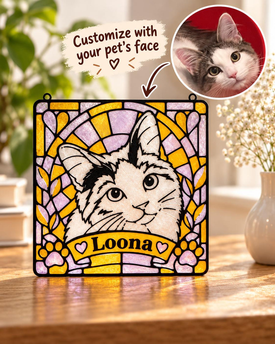 Faux Stained Glass Pet Portrait Suncatcher - Personalized Cat & Dog Photo Acrylic Hanging - Cat Lover Gift