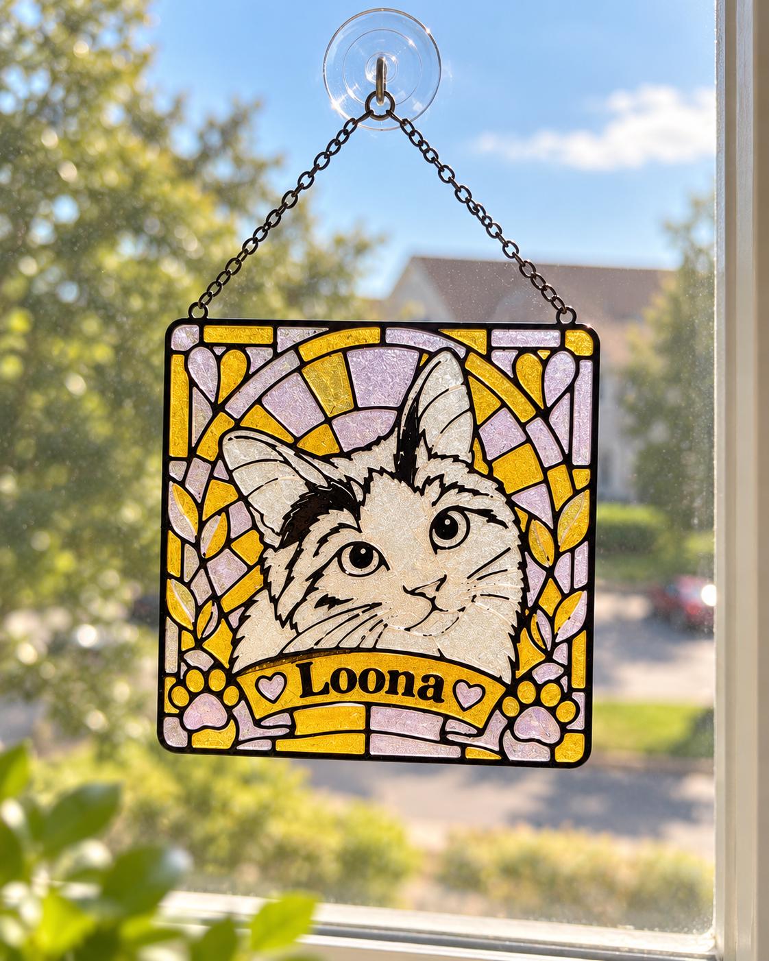 Faux Stained Glass Pet Portrait Suncatcher - Personalized Cat & Dog Photo Acrylic Hanging - Cat Lover Gift