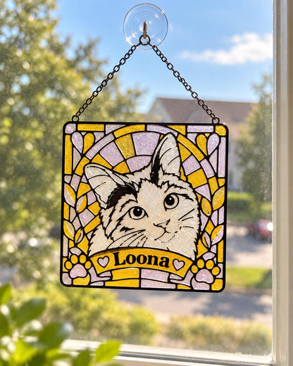 Faux Stained Glass Pet Portrait Suncatcher - Personalized Cat & Dog Photo Acrylic Hanging - Cat Lover Gift