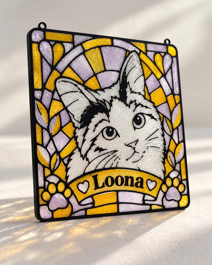Faux Stained Glass Pet Portrait Suncatcher - Personalized Cat & Dog Photo Acrylic Hanging - Cat Lover Gift
