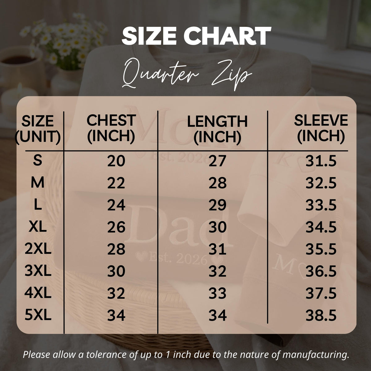 A size chart for a quarter zip garment featuring columns for size, chest, length, and sleeve measurements in inches. The table lists sizes from S to 5XL with corresponding values. Text includes SIZE CHART, Quarter Zip, and a manufacturing note.