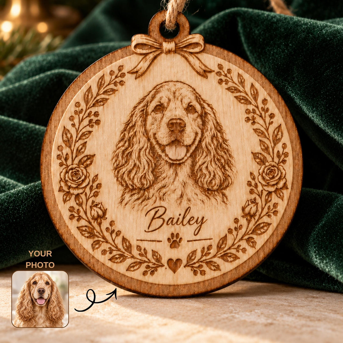 A round wooden ornament featuring a laser-engraved portrait of a spaniel dog surrounded by a floral wreath. The name Bailey is engraved below the dog, followed by a paw print and a heart. A small bow is carved at the top with a jute string.
