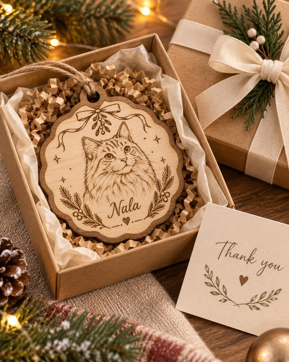 A round wooden ornament with a scalloped edge featuring a laser-engraved illustration of a cat and the name Nala. The ornament includes a jute twine hanger and is presented in a cardboard gift box with a card that says Thank you.