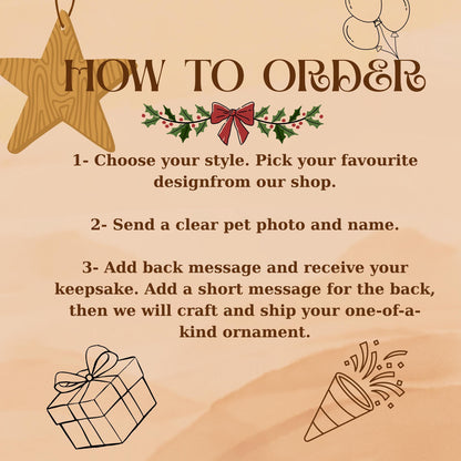 A beige instructional graphic titled HOW TO ORDER with a wooden star, balloons, a gift box, and a party popper. The text outlines three steps for ordering a custom pet ornament, including choosing a style, sending a photo, and adding a message.
