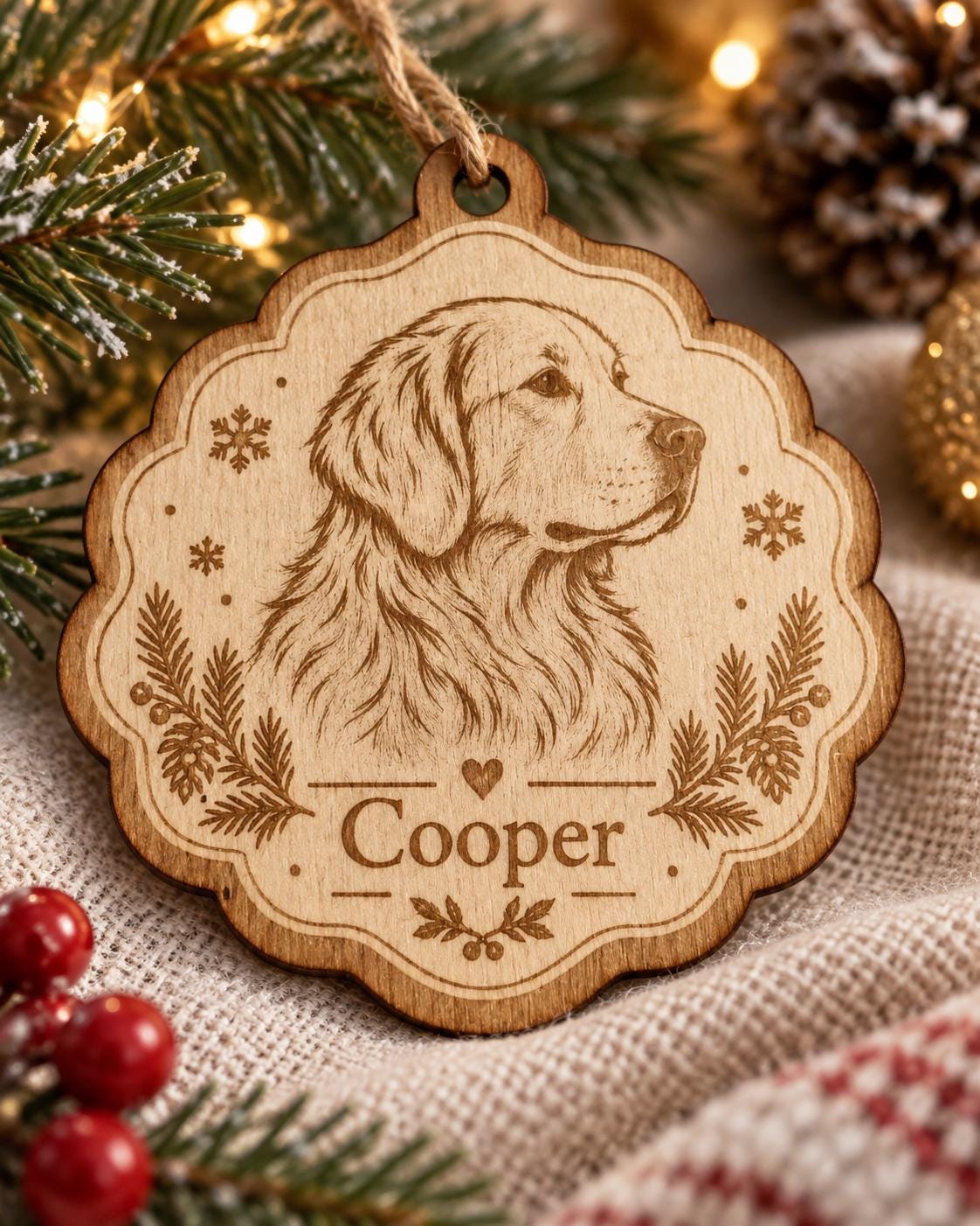 A scalloped wooden ornament featuring a laser-engraved portrait of a Golden Retriever dog. The design includes small snowflakes, pine branch accents, and the name Cooper centered above a small heart and a decorative leaf motif.