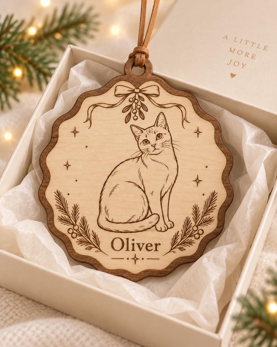 A scalloped wooden ornament featuring a laser-engraved cat illustration, a sprig of mistletoe with a bow, pine branches, and the name Oliver. The ornament hangs from a tan leather cord and is presented in a white gift box with the text A LITTLE MORE JOY.