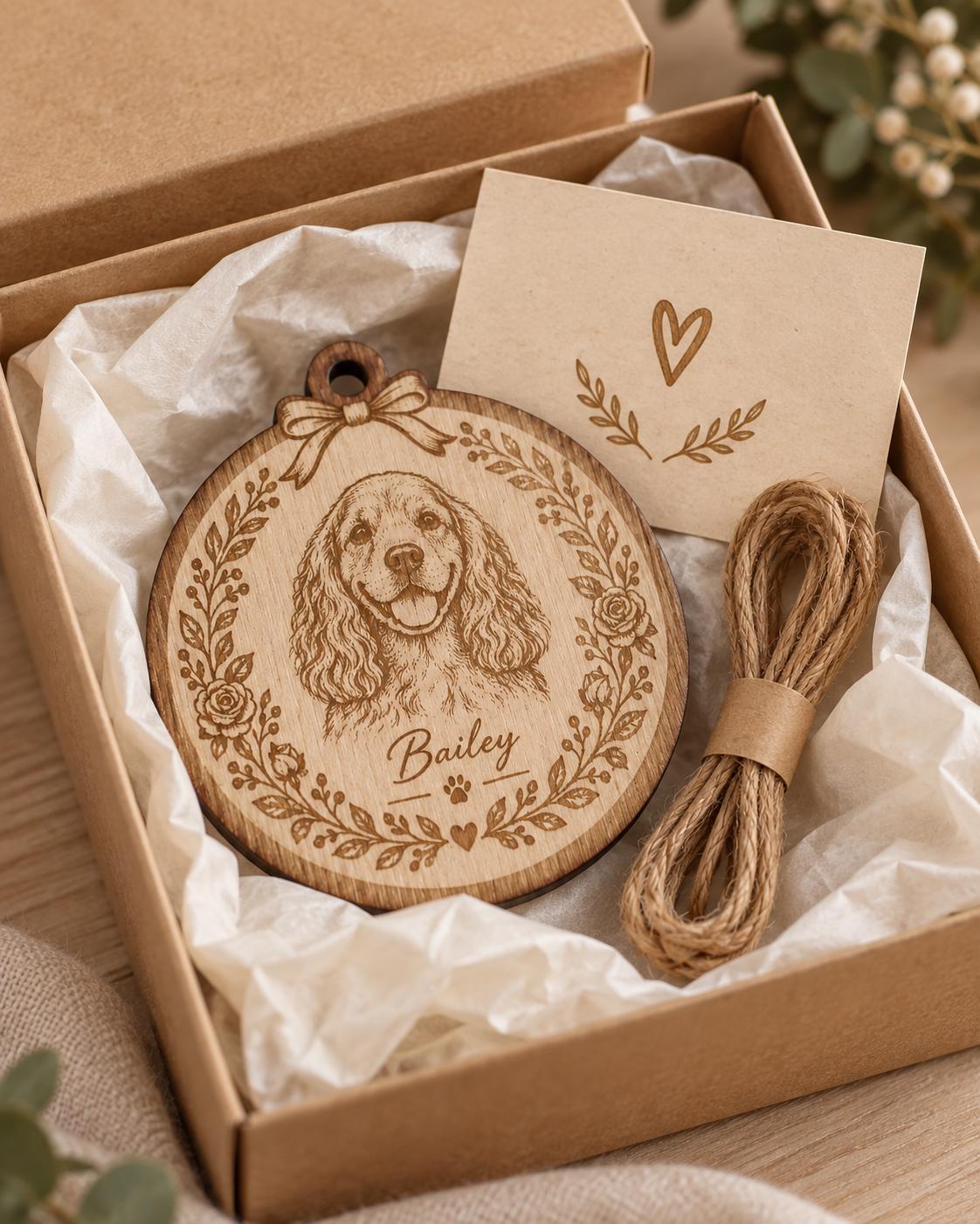 A round wooden ornament featuring a laser-engraved portrait of a spaniel dog, the name Bailey, and a floral wreath border with a bow. The set includes a small card with a heart illustration and a coil of brown jute twine for hanging.