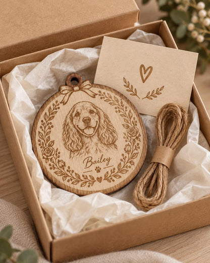 A round wooden ornament featuring a laser-engraved portrait of a spaniel dog, the name Bailey, and a floral wreath border with a bow. The set includes a small card with a heart illustration and a coil of brown jute twine for hanging.