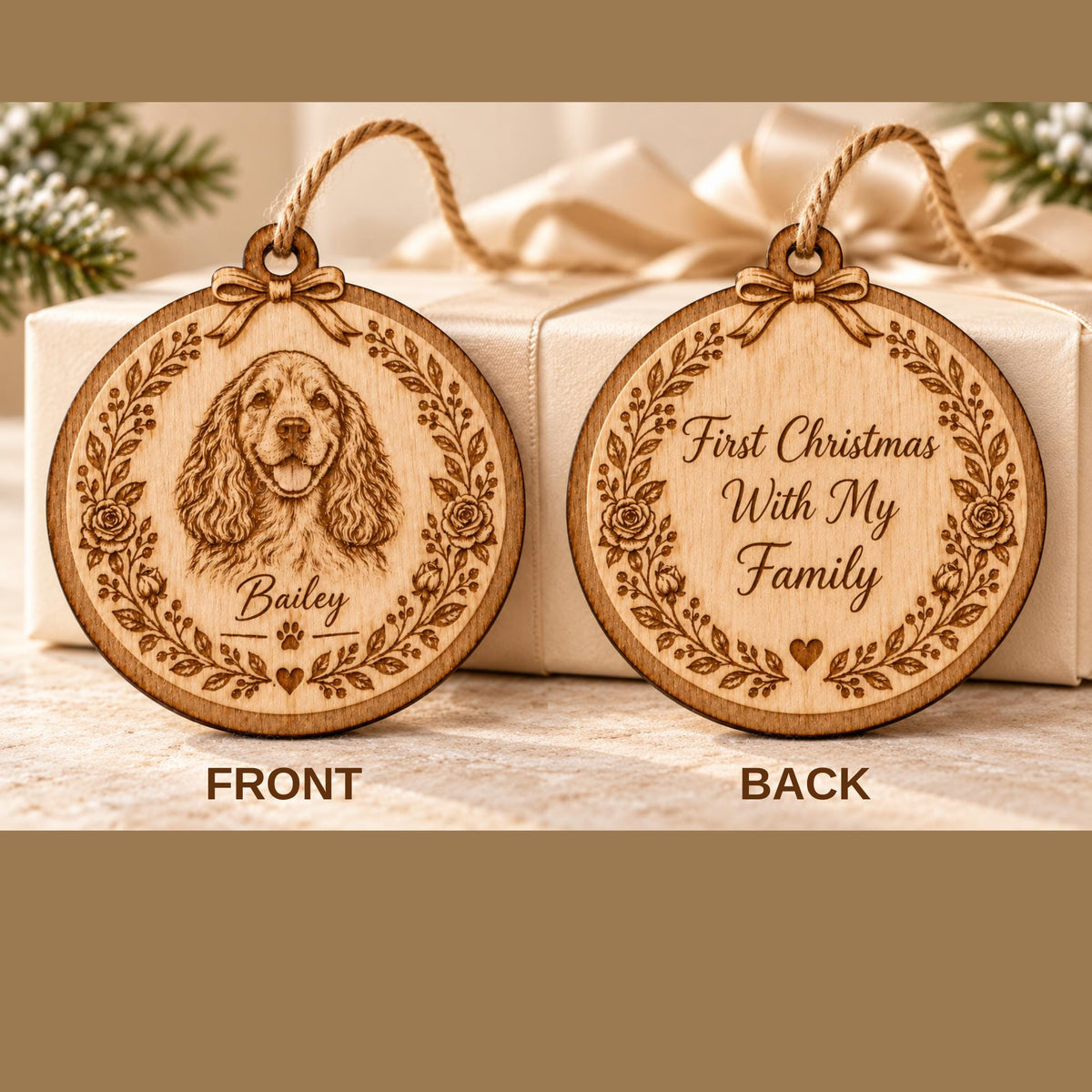 Two round wooden ornaments with jute twine hangers. The left ornament features an engraved portrait of a spaniel dog, the name Bailey, a paw print, and a heart. The right ornament displays the text First Christmas With My Family.