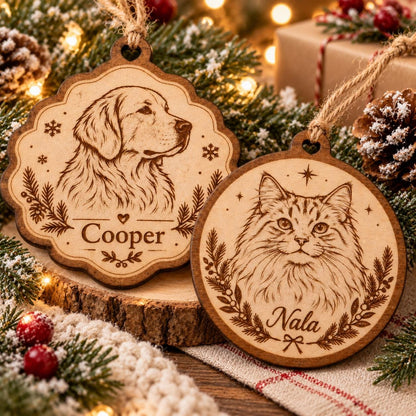 Two round wooden ornaments with laser-engraved pet portraits. The left ornament features a dog with the name Cooper, while the right ornament features a cat with the name Nala. Both ornaments include decorative pine branch motifs.