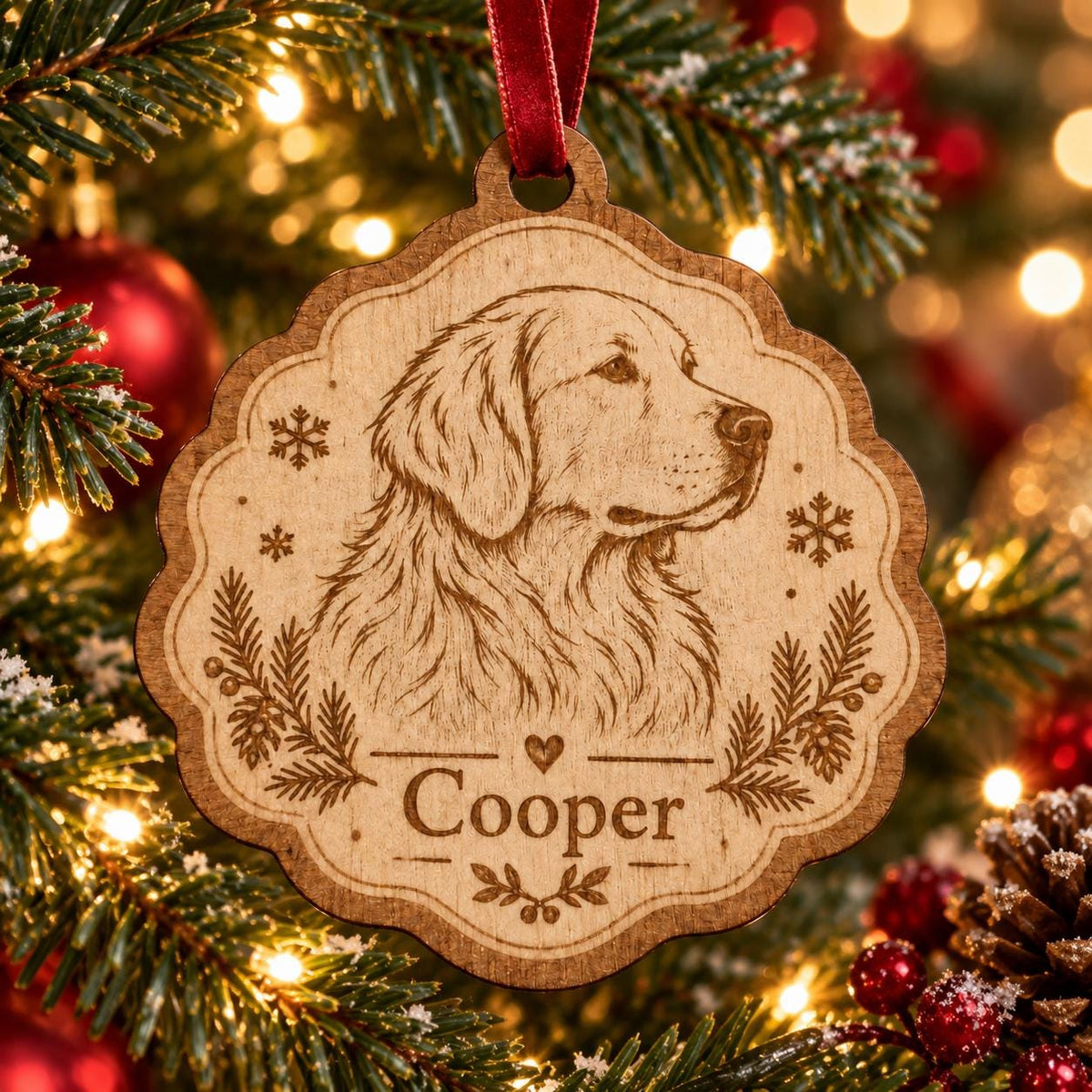 A scalloped wooden ornament featuring a laser-engraved portrait of a Golden Retriever dog. The design includes small snowflakes, pine branch accents, a heart symbol, and the name Cooper engraved in the center with a red ribbon.