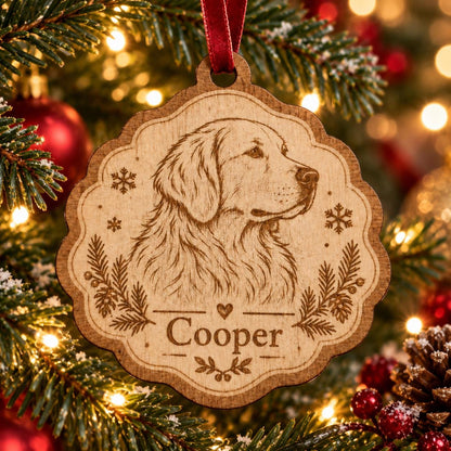 A scalloped wooden ornament featuring a laser-engraved portrait of a Golden Retriever dog. The design includes small snowflakes, pine branch accents, a heart symbol, and the name Cooper engraved in the center with a red ribbon.