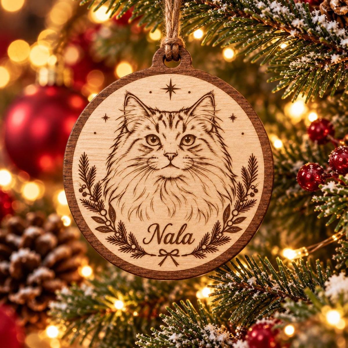 A round wooden Christmas ornament featuring a laser-engraved portrait of a long-haired cat. The name Nala is inscribed below the cat, framed by two leafy branches and a small bow. A four-pointed star sits above the cat's head.