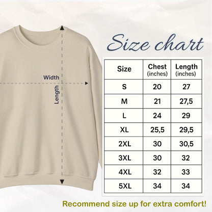 A beige sweatshirt with a size chart. The chart shows chest and length measurements in inches for sizes S to 5XL. The text "Recommend size up for extra comfort!" is at the bottom.