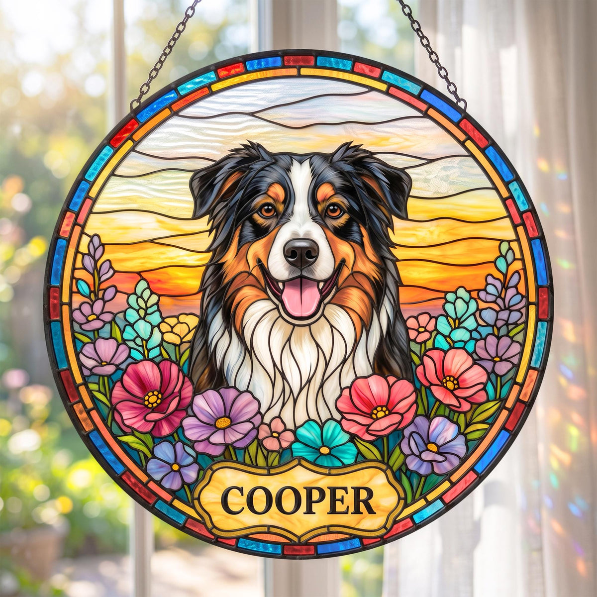 A circular stained glass suncatcher featuring a black, white, and tan Australian Shepherd dog centered against a sunset background. The dog is surrounded by colorful flowers, and a plaque at the bottom displays the name COOPER.